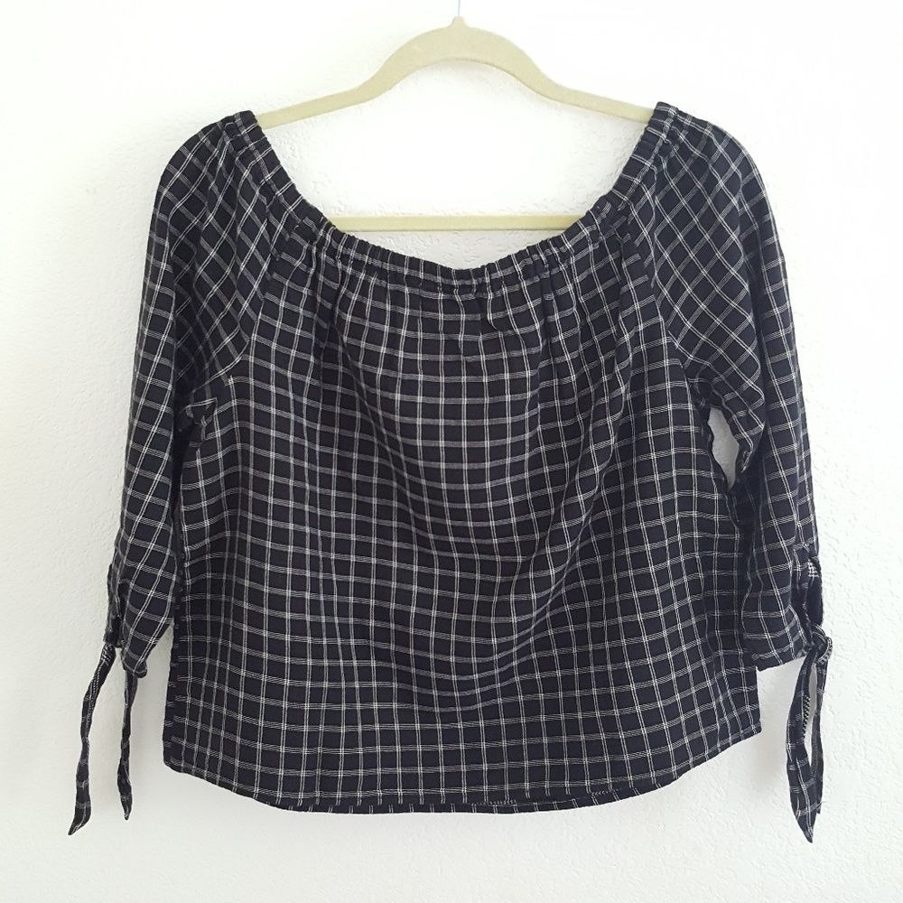 Madewell Black Ivory Plaid Off The Shoulder Top - Picture 4 of 8